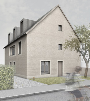 Die 3D-Visualisierung zeigt die Süd-Ost-Ansicht des Dreifamilienhauses von der Görzer Straße aus. Zwischen dem Neubau auf der Nord-Seite und dem Nachbargrundstück verläuft ein Weg, auf dem die Fahrräder und zwei Autos zu den Abstellplätzen hinter dem Haus gelangen. Der dritte Pkw-Stellplatz ist hier neben dem Haus zu erkennen